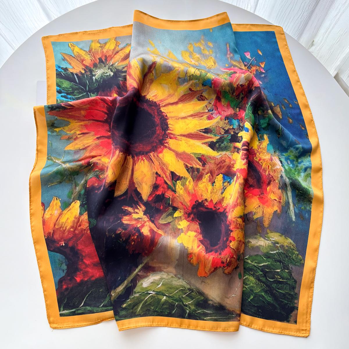 Stylish Imitation Silk Square Scarf For Women Sunflower Printed Bandanas Hairband Luxury Hijab Neckerchief Elegant Shawl Wraps