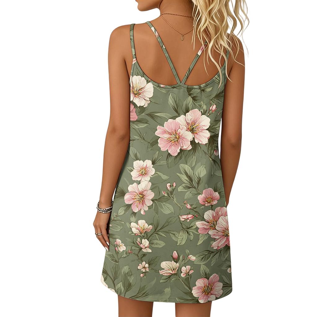Women's Fashion Casual Floral Print Dress Double Sling Pocket Dress