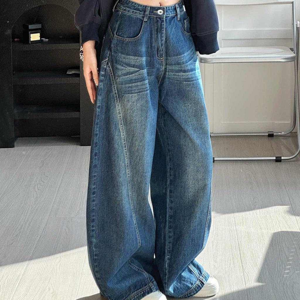American Spice Girl Retro Blue Scimitar Jeans Women's Autumn and Winter High Waist Loose and Skinny Casual Wide Pants Vintage Wash Casual Denim Pants
