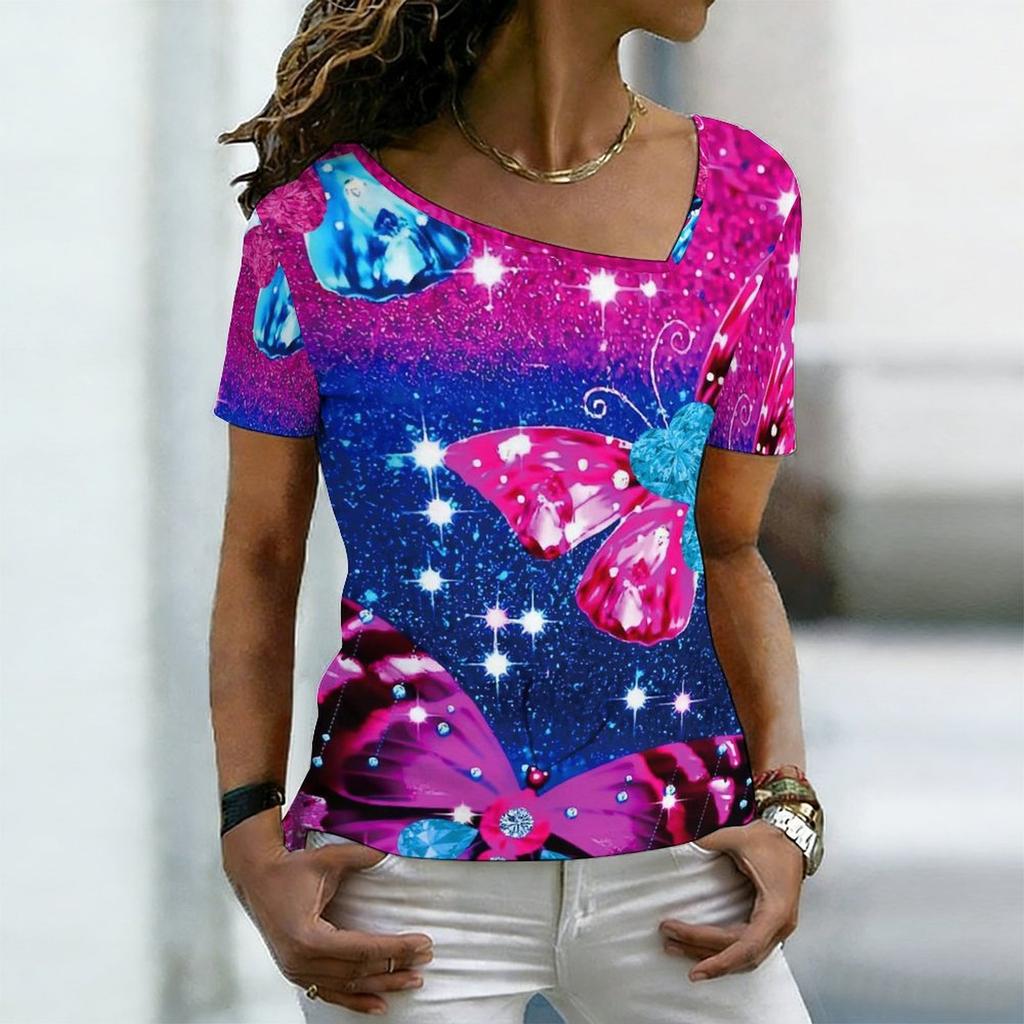 Women Square Neck Short Sleeve Top Vibrant Rainbow Oil Painting Butterfly Print Blouse