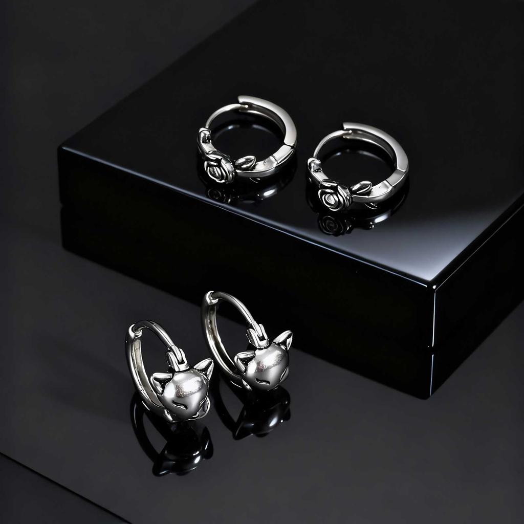 Fashion Chic Rose Fox Hoop Earrings, Silver Color Stainless Steel Small Huggies Earrings, Punk Trendy Hypoallergenic Jewelry