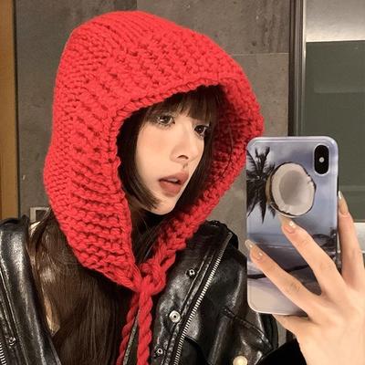 Koreanischer Stil Gesicht zeigend Kleiner Wollhut für Frauen mit großem Kopf Gestrickte Mütze Kleine Rote Mütze Modische Dicke Warme Strickmütze