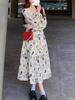 2024 Autumn French Floral Chiffon Slim Waist Long-Sleeve Dress