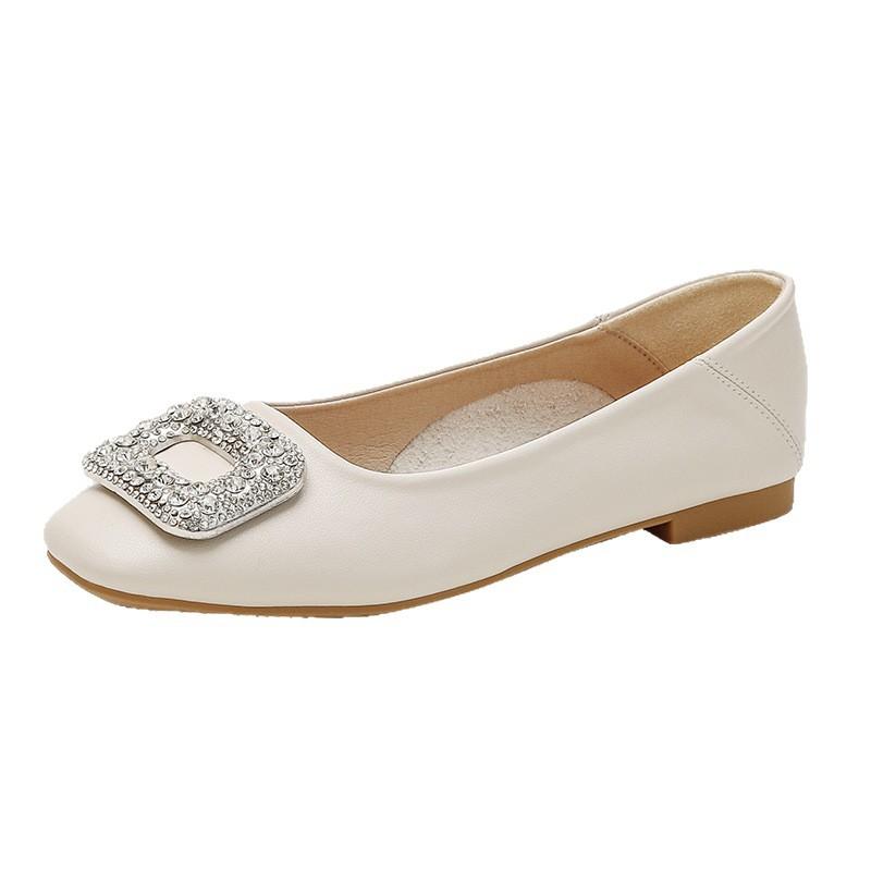 Fyrkantig spänne sked skor dam mångsidiga enkelsskor dam sommar strass grund mun platta skor 2025 ny vår och höst en pedal