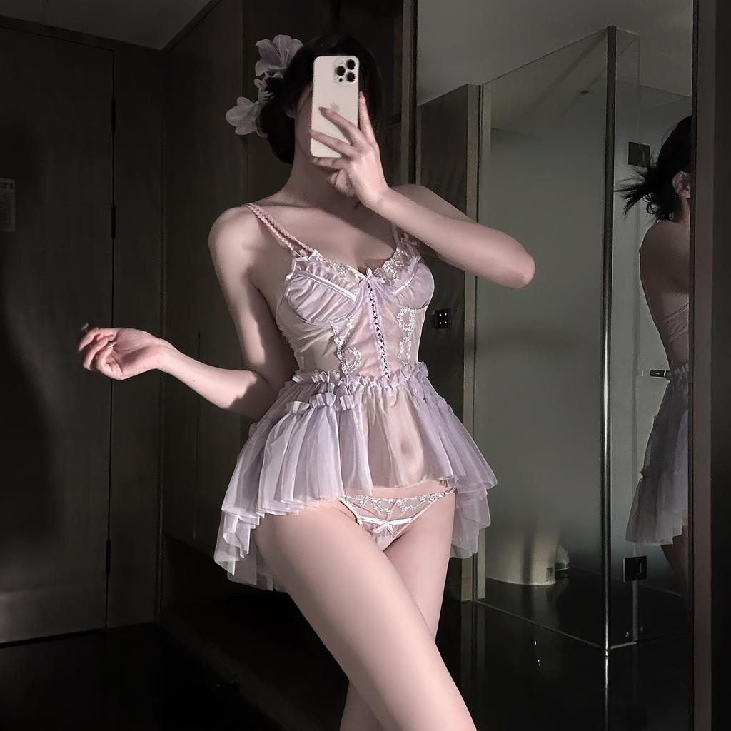 Erotic underwear French mesh sexy suspender nightdress hollow embroidery pure lace perspective girl