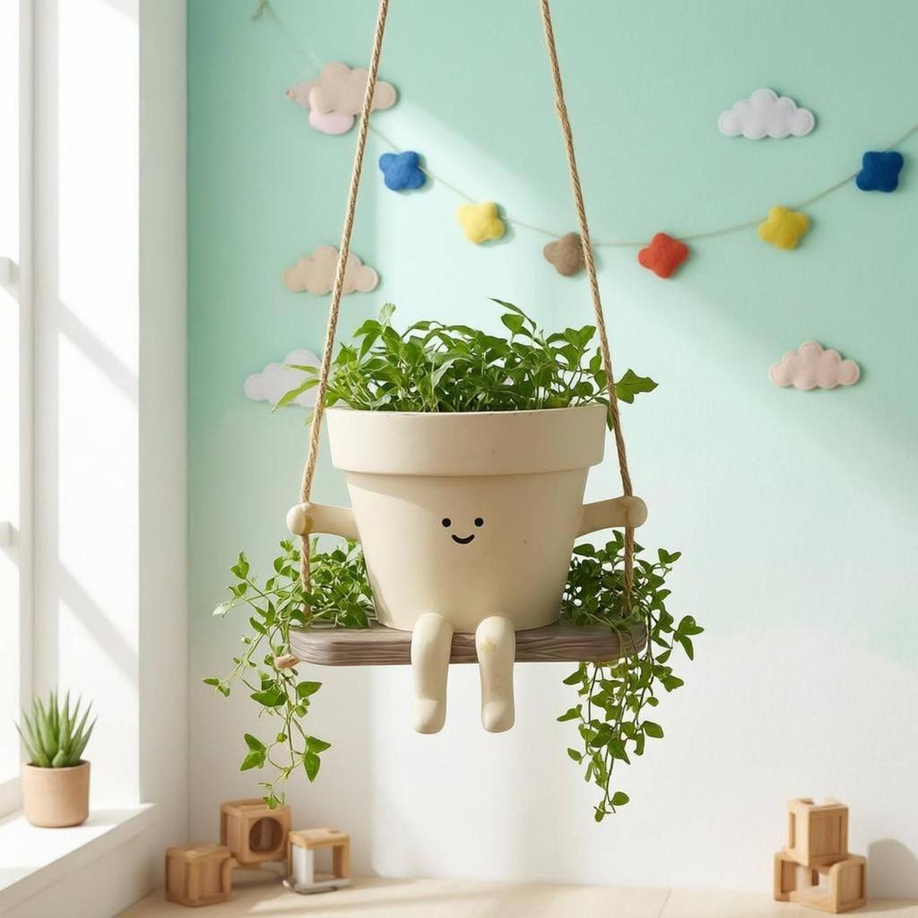 Decorative Swing Face Planter with Jute Ropes and Charming Character Pot for