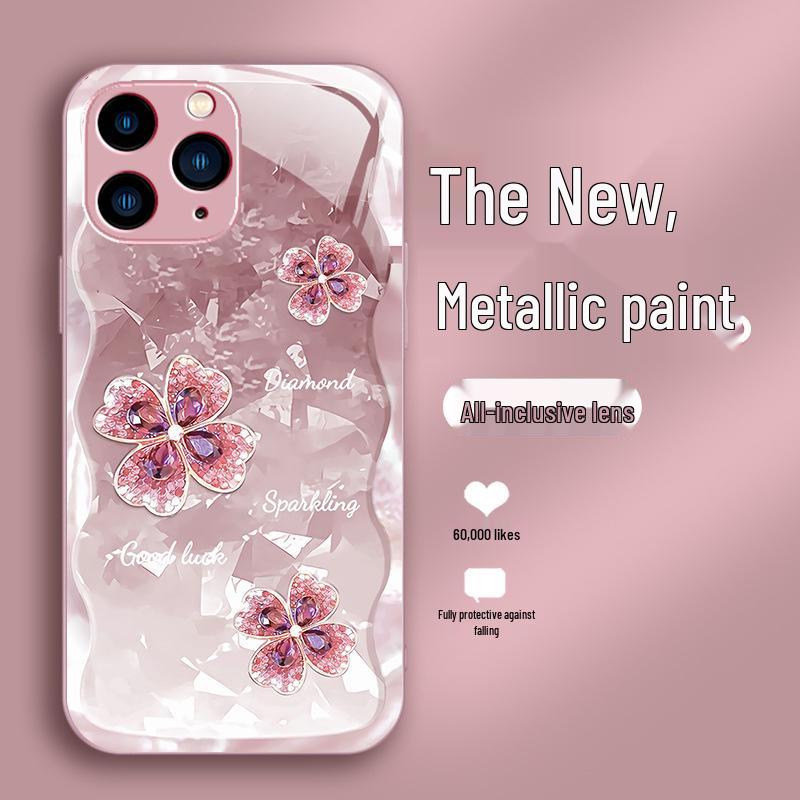 

Совместимо с iPhone 13/Plus: Позолоченный чехол из жидкого стекла с четырехлистным клевером для iPhone 13 Pro с защитой линз и повышенной прочностью. iPhone 13 розовый