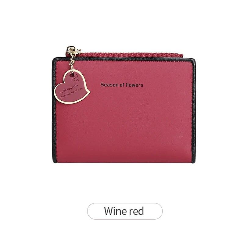 

Женский маленький кошелек, двойной складной ультратонкий кошелек с нулевой застежкой-молнией, сумка для удостоверения личности, контрастного цвета, короткая сумка для карт с подвеской «Любовь» QB307-Winered