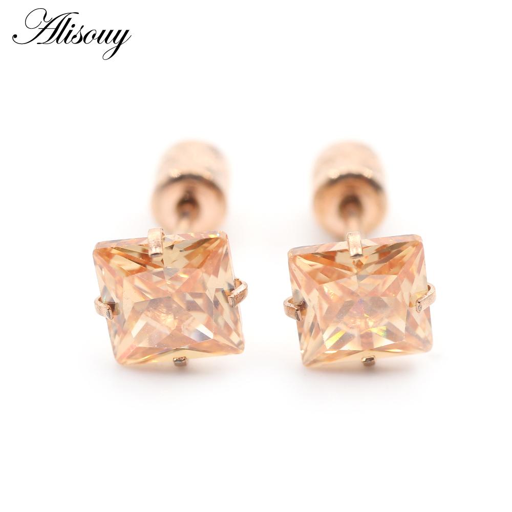 Alisouy 2 bucăți din oțel inoxidabil 4 dinte pătrat zircon CZ femei bărbați fată ureche stud cartilaj șurub cercei piercing bijuterii