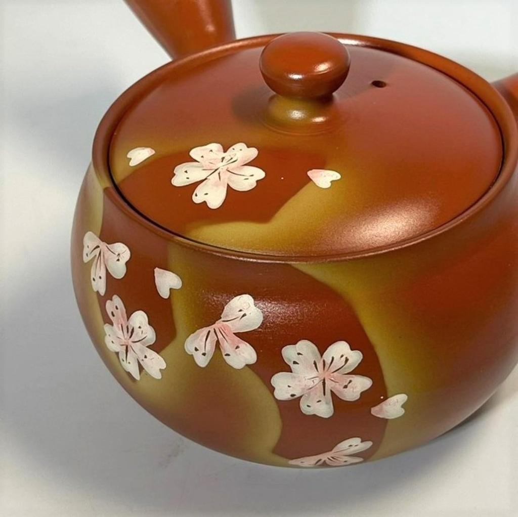 Japanese Tosai Fusen Red Clay Fan Cherry Blossom Teapot (Basket Net)