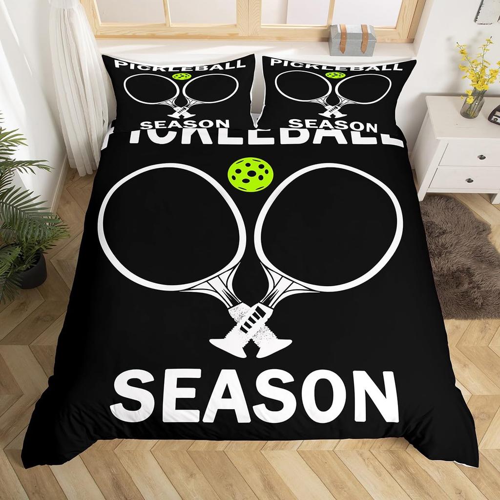 Pickleball Duvet Cover Full Size Ball Sports Gaming Bedding Set Yellow White Quotes Comforter Cover Black Microfiber Quilt Cover