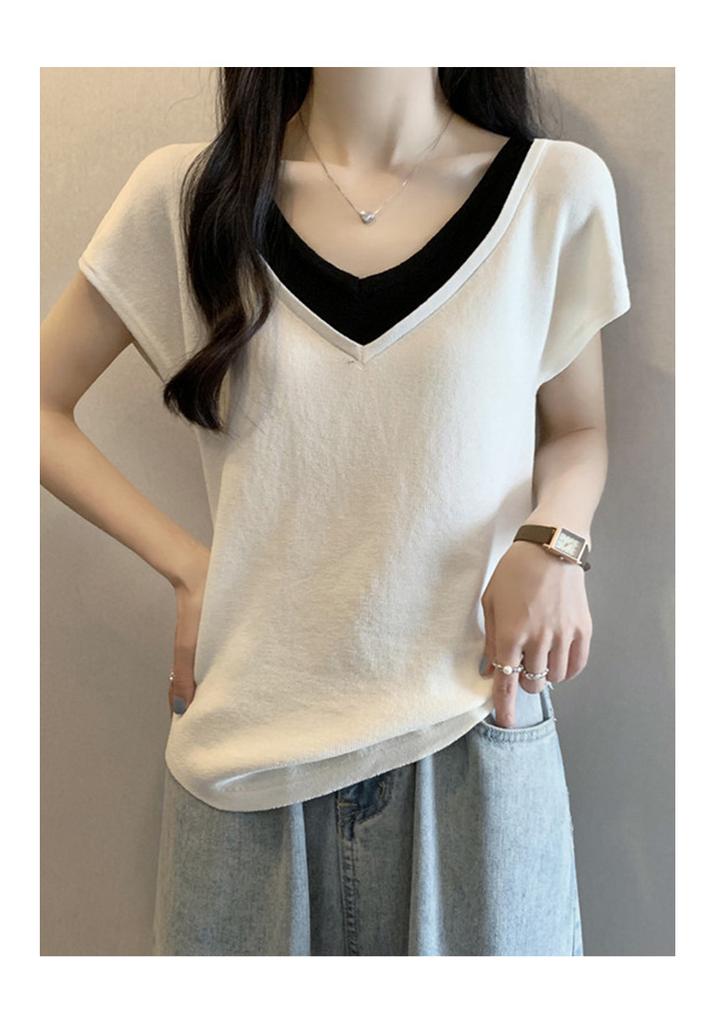 Versatile design sense fake two loose college style age reducing 2026 new summer slimming knitted short sleeved women