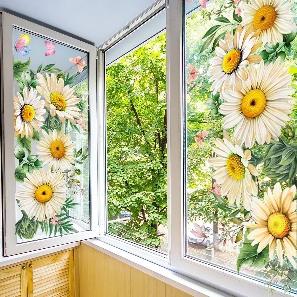 Window Stickers Daisy Butterfly Design for Home Kitchen Bathroom Office 2 Pieces Static Cling Easy Application