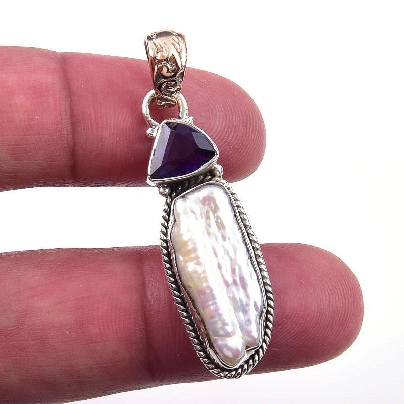 

Natural Biwa Pearl,African Amethyst 925 Solid Sterling Silver Pendant 1.75 b2u73