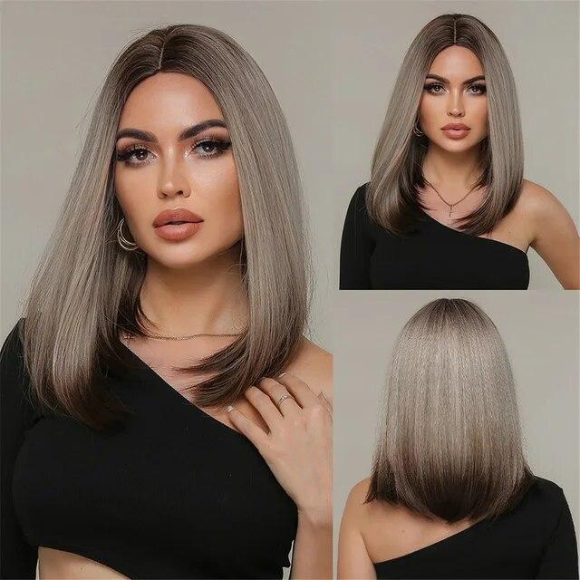 Purple Pink Ombre Black Short Straight Synthetic Wigs with Bangs Bob Wig for Women Daily Cosplay Party Heat Resistant Fake Hairs
