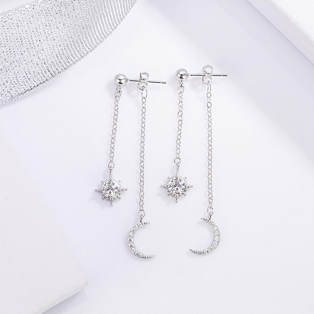 925 Sterling Silver Fashion Temperament Zircon Star Moon Tassel Two Earrings Birthday Party Anniversary Gift