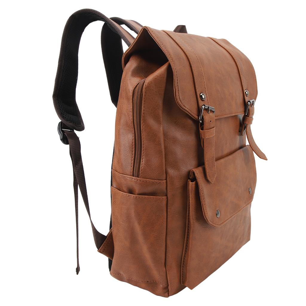 Men Backpack Vintage Style Soft PU Leather Large Capacity Fashionable Shoulders Bag for Travel Business Light Brown