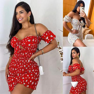 2024 Spring and Summer New European and American Women's Clothing Printed Off-Neck Short Sleeve Slim Fit Dress