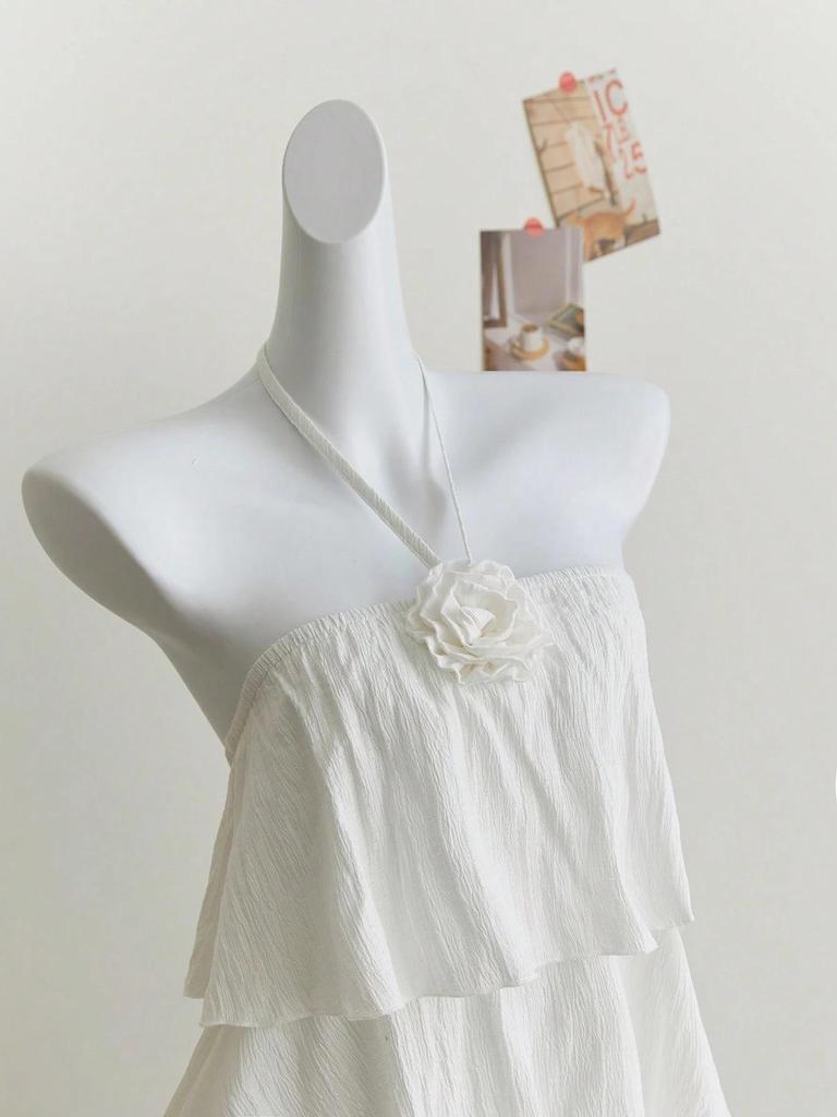 Pure Desire Floral Slim Halter Neck Ruffle Dress - Women's Fashion