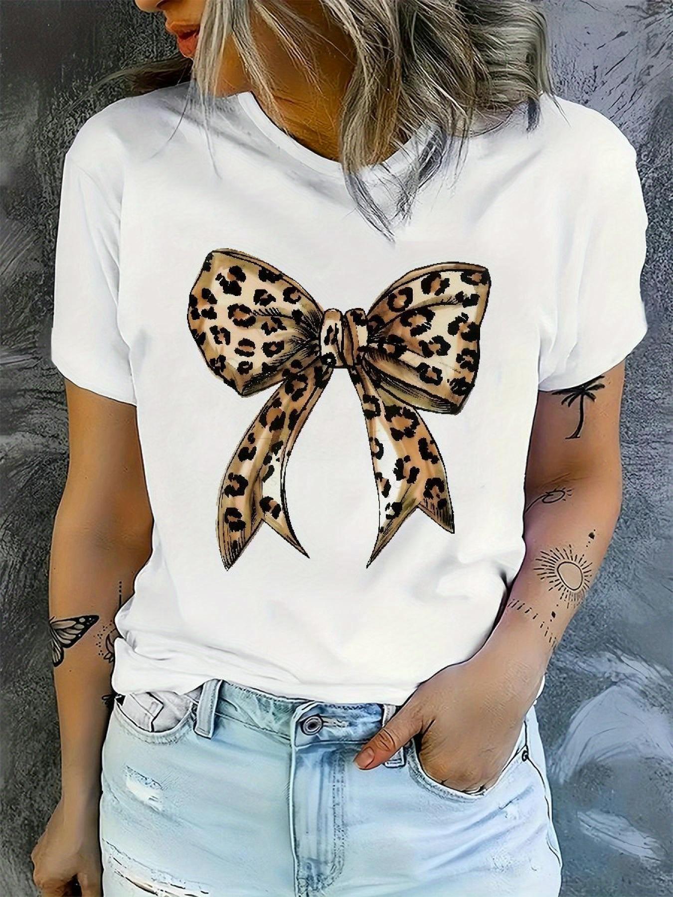 

Women S Casual Crew Neck T-Shirt with Leopard Print Bow 95% Polyester 5% Elastane Regular Length Knit Fabric S