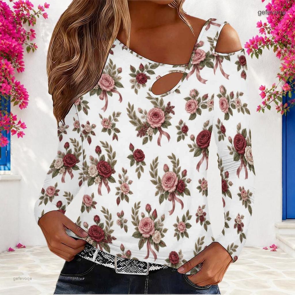 Women Plus Size White Floral Printed Asymmetric Cutout Neck Cold Shoulder Long Sleeve Fitted Top