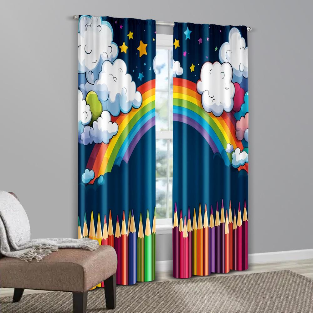 2pcs   Minimalist Curtains Happy Back to School Machine Washable Polyester (without rod) Room Decor Perfect for Living Room