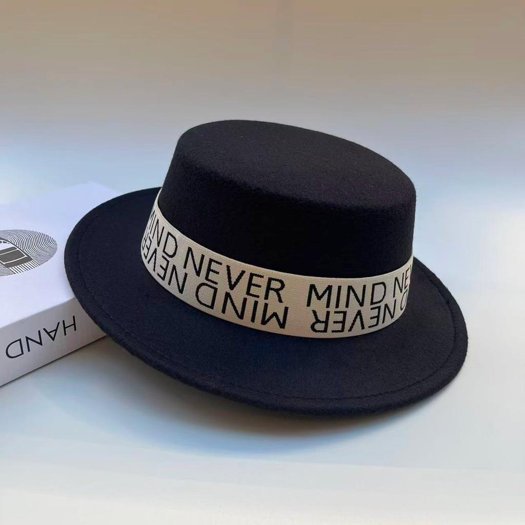 Hat Female British Autumn and Winter Celebrity Retro Versatile Jazz Hat Flat Top Felt Hat Black Wool Top Hat