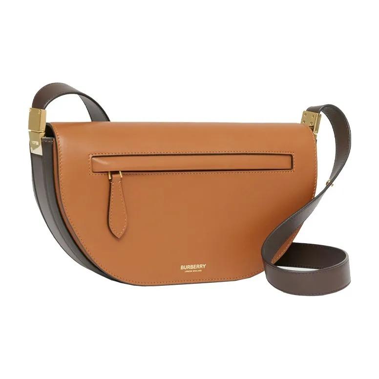 Burberry Olympia Two-Tone Adjustable Strap Leather Underarm Bag Half-Moon Tote Crossbody Shoulder Bag Unisex Couple's Style Warm Brown