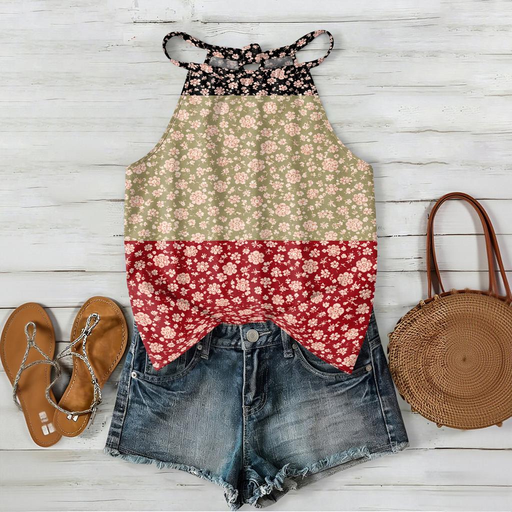 Women Sleeveless Bohemian Floral Print Tank Top Loose Fit Neck Blouse Casual Summer Lightweight Camisole Shirt