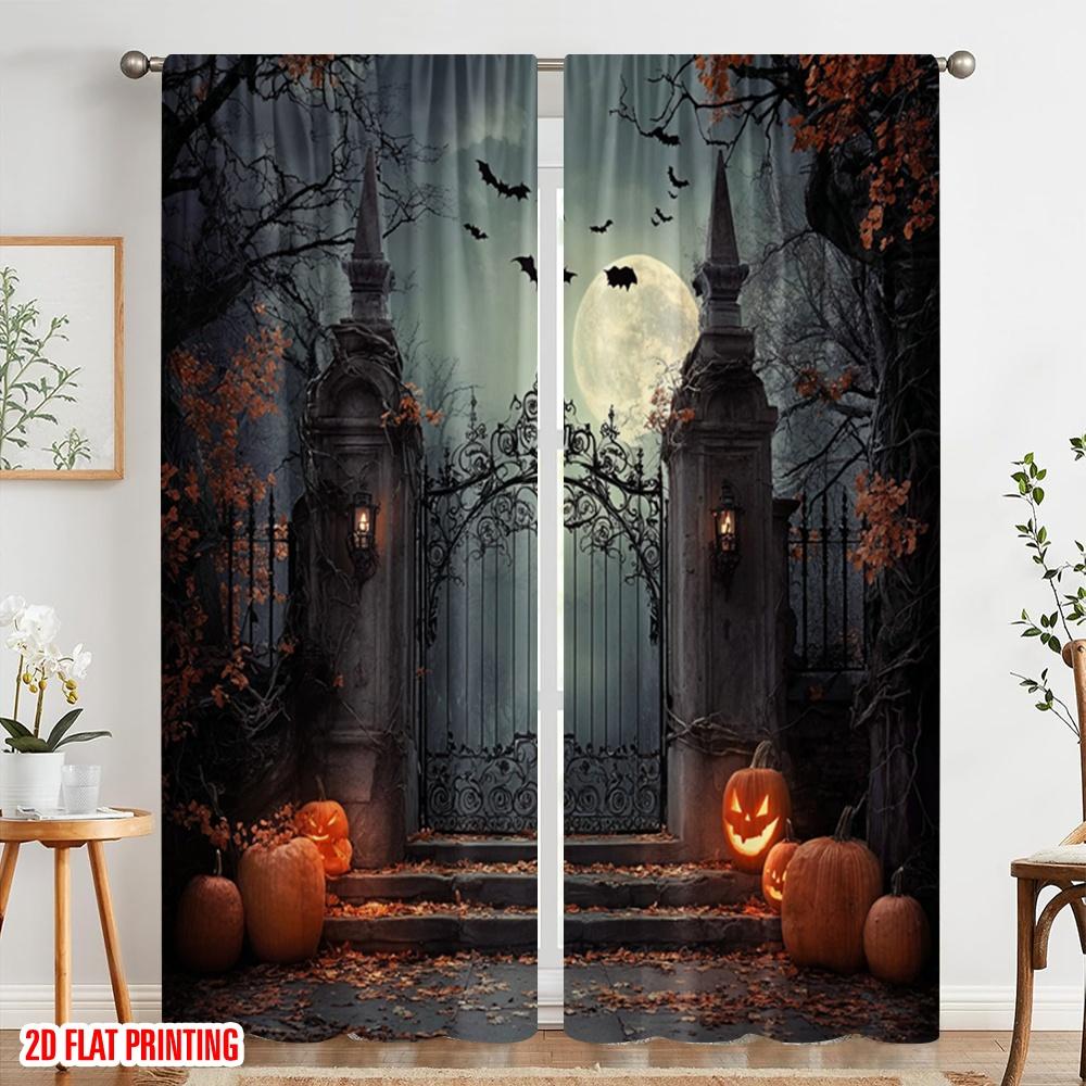 2pcs,2D Plane Printing Pattern Curtains Full Moon_ Gloomy Woods_ and Graveyard Versatile Fabric (without Rod) Outdoor