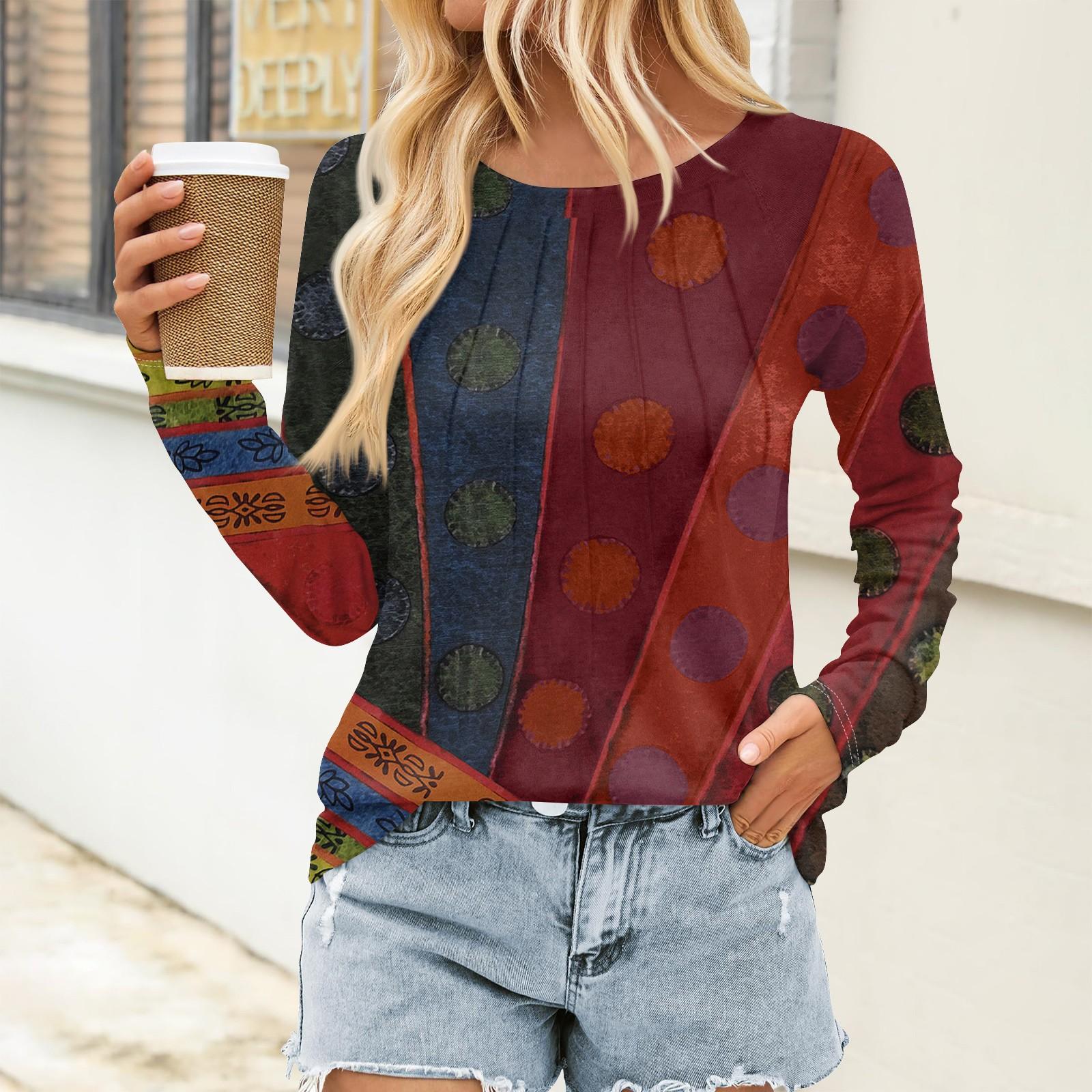 

Женский плиссированный топ с длинными рукавами, поясом, геометрическим принтом и круглым вырезом XL винный