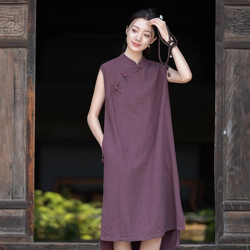 

Johnature Женские платья без рукавов в китайском стиле, однотонные, А-силуэта, летнее винтажное платье One Size фиолетовый