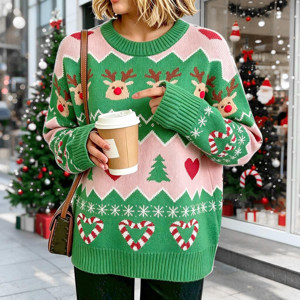Women's Loose Fit Crewneck Christmas Snowflake Print Pullover Sweater Knit Top for Winter
