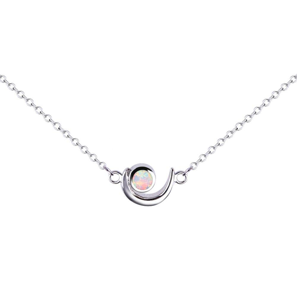 KELITCH Women's Choker Necklace with Synthetic Opal & Moon Oval Pendant (16-18 inch) Chain (White)