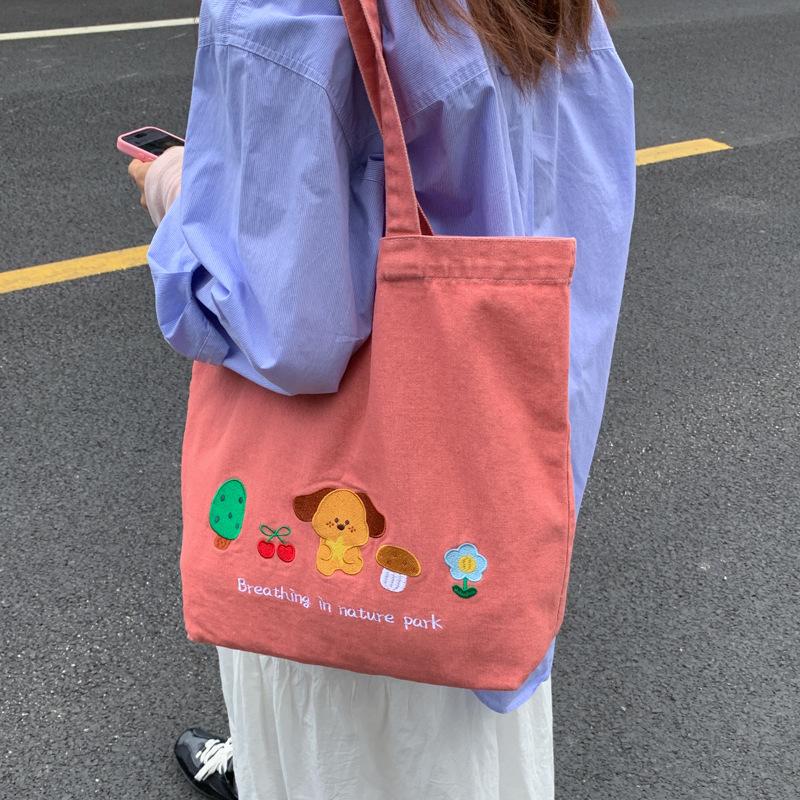 Retro Washed Denim Women's Shoulder Bags Cute Animal Embroidery College Girls Canvas Book Tote Bag Travel Shopping Handbags