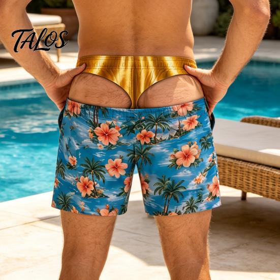 Adjustable Drawstring Swim Shorts Hairy Big Booty Shorts, USA Flag Print Men Trunks, Golden Funny Beach for Briefs Design, Summer Pool Party Vacation