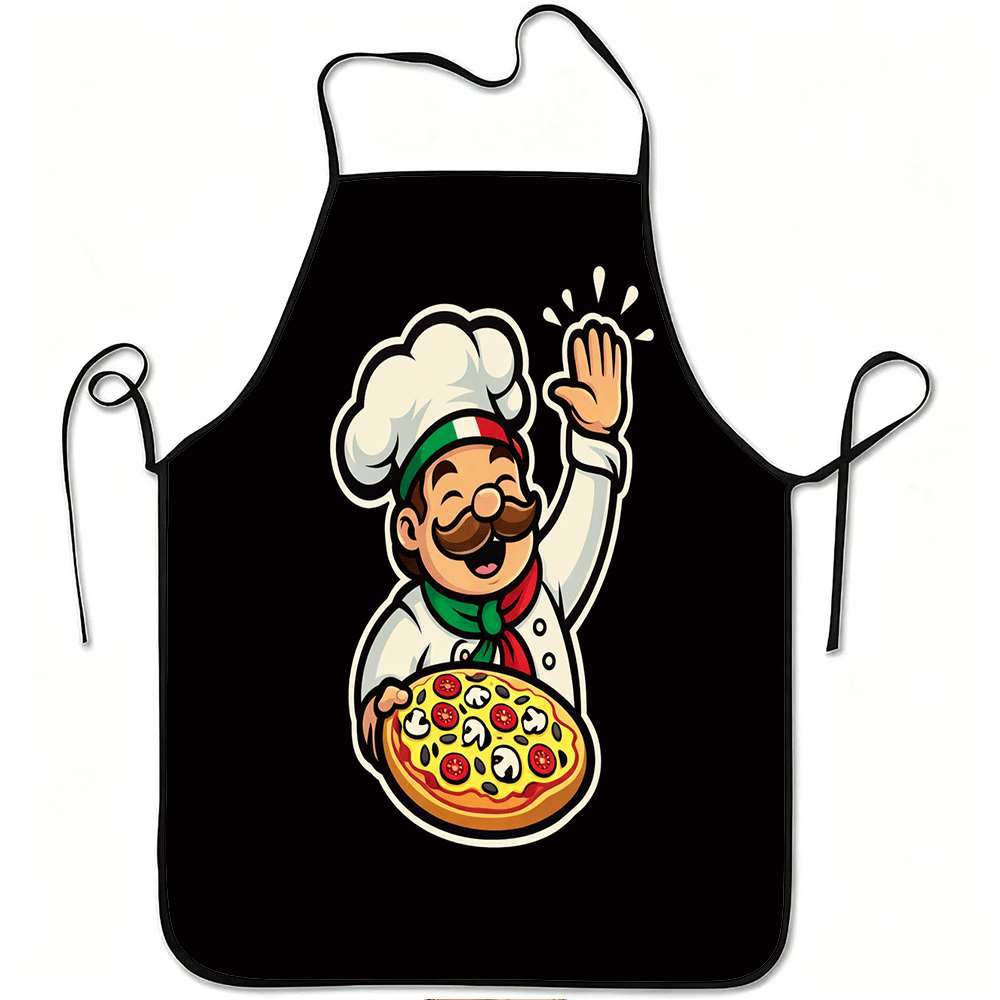 1pc Italian Chef Pizza Print Apron With Pizza & Italian-Themed - Adjustable Waistband, Durable Polyester Apron Suitable For Cook