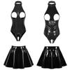 Womens Sexy Patent Leather Set Wet Look Crotchless Bodysuit with Zipper Flared Skirt Night Club Wear