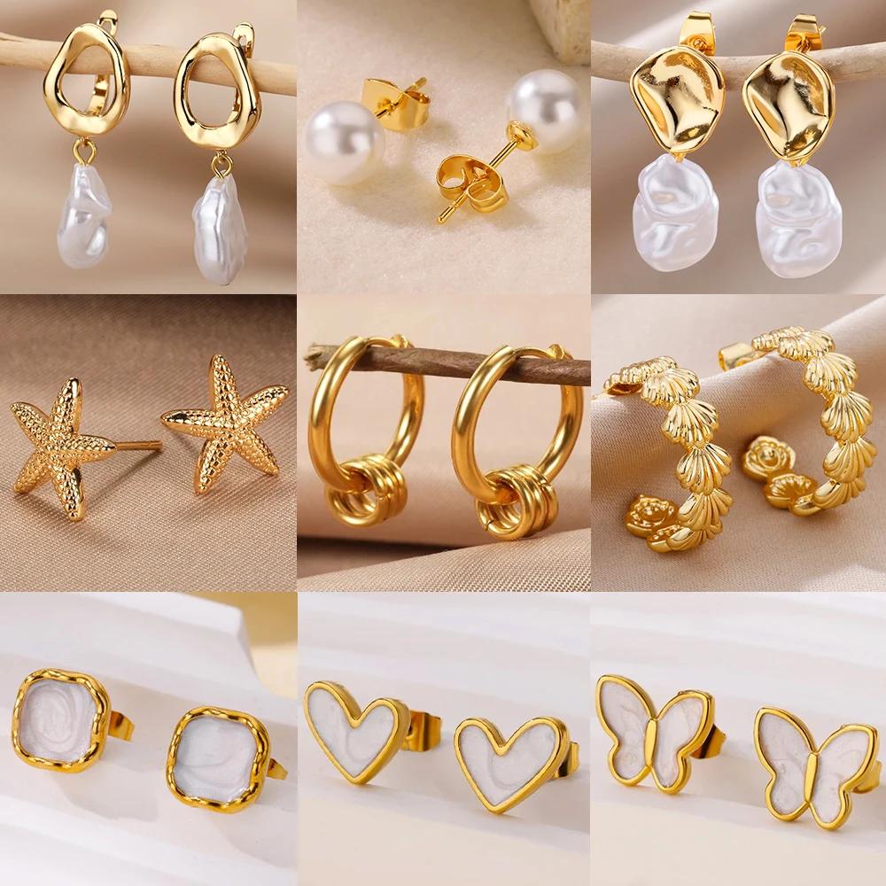 Stainless Steel Enamel White Heart Earring for Women Minimalist Gold Color Stud Earrings Waterproof Vacation Charm Zircon Gifts