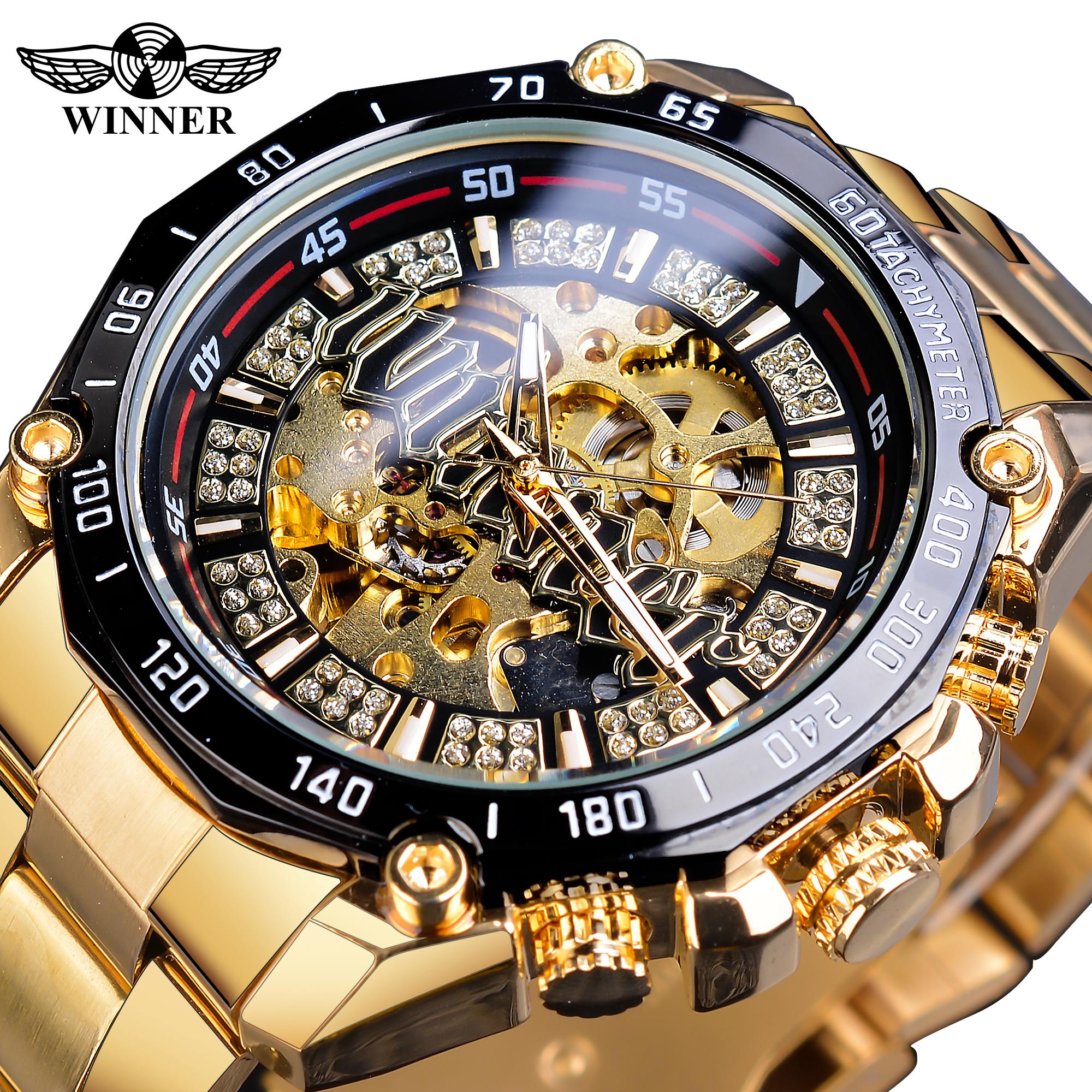 

Мужские механические светящиеся часы Winner, модные золотые открытые прозрачные мужские часы в стиле стимпанк, автоматические наручные часы со скелетом золотой/чёрный