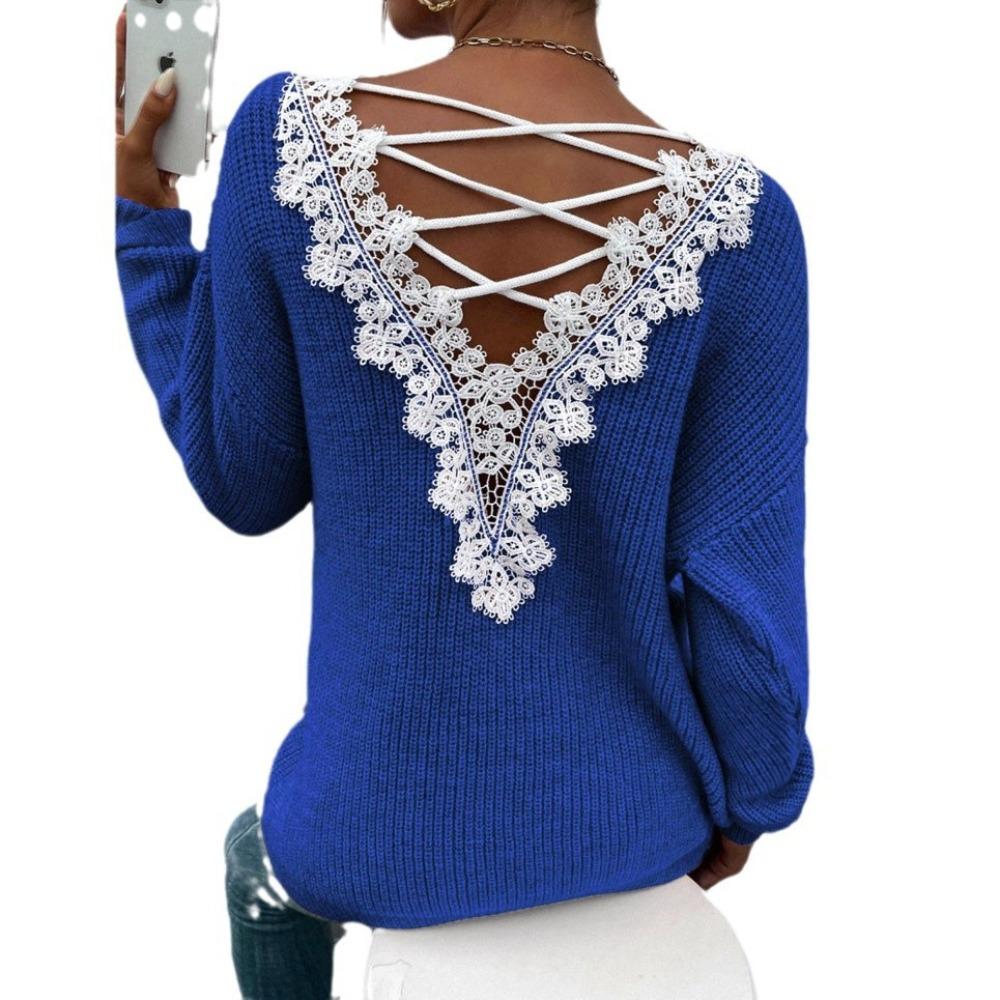 

New Sexy Backless, Cut-out V-neck Pullover Long-sleeved Sweater with Lace and Sweater Patchwork for Women L синій