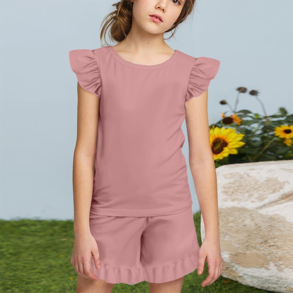 Summer Girls Cute Suit Flying Sleeves T-shirt Top + Ruffled Shorts Daily Outdoor Wear Cute Casual Fashion 2-Piece Set