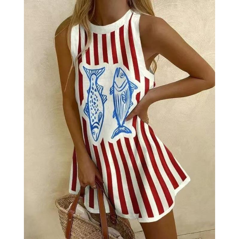 Round Neck Sleeveless Ocean Element Casual Women's Dresses