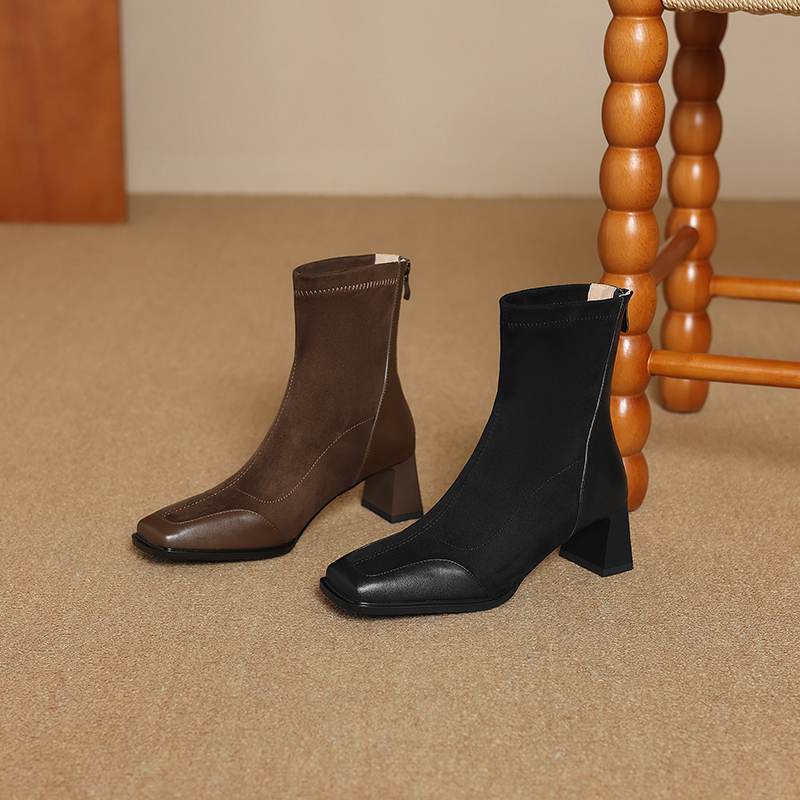 Krazing Pot Flock Autumn Winter Shoes Thick High Heels Big Size 40 Modern Boots Square Toe Keep Warm Zip Ankle Boots