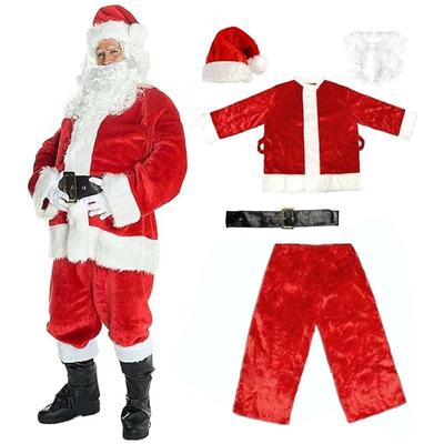 Men's Santa Claus Cosplay Costume, Adult Christmas Outfit, Santa Claus Suit with Hat, Beard, Top, Pant, Belt., 5 Pieces