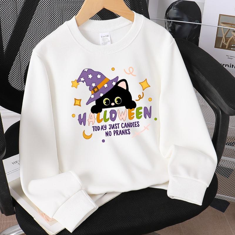 Kids Crewneck Sweatshirt, Halloween Black Cat Witch Hat Candy No Pranks Print, Soft Casual Pullover for Fall