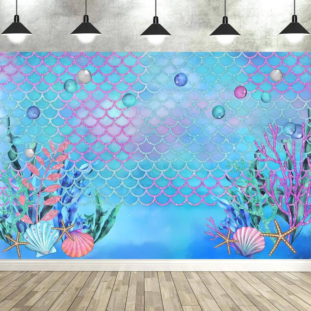 Mermaid Birthday Backdrop Under The Sea Birthday Party Decoration for Girl Purple Glitter  Mermaid Tails Photography Background