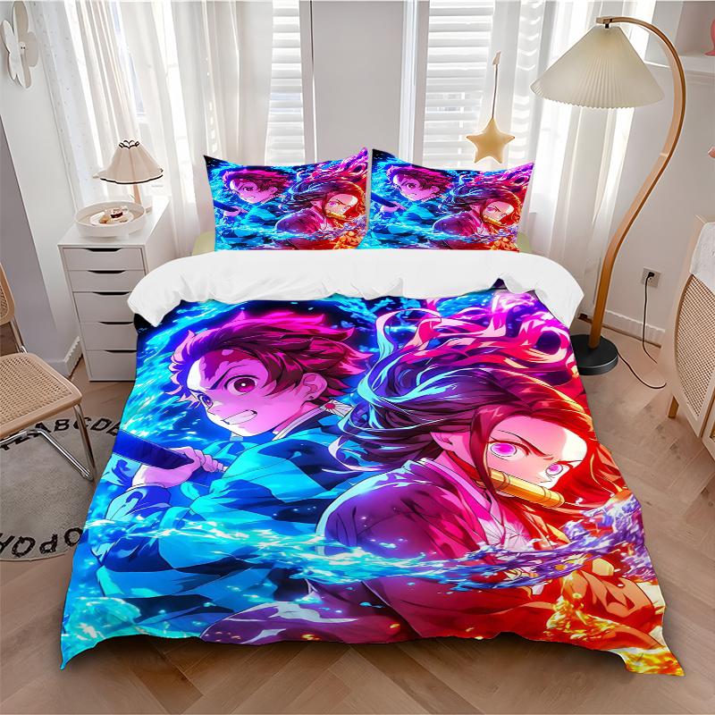 3pcs Two Heroes Clash Demon Slayer Printed Duvet Cover Set (1 * Cover+2 * Pillowcase, Without Core), Suitable for Home Bedroom, Guest Room, Dormi