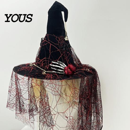 Decorative Seasonal Accessories Punk Skeleton Hand Witch Hat with Spider And Veil, Black Large Reusable Holiday Ornaments Wizard Costume Accessory for