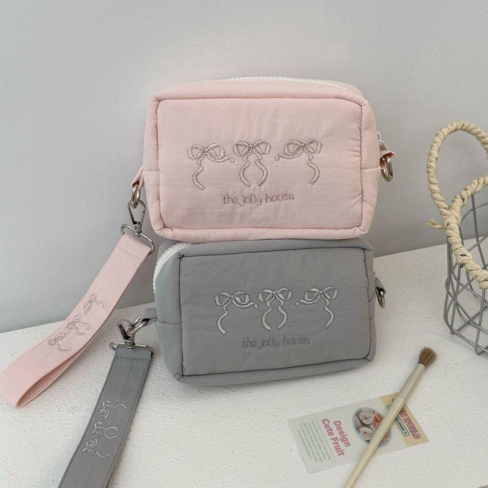 Keychain Zipper Wristlet Wallet With Lanyard Embroidered Bow Makeup Bag Nylon Coin Pocket  Outdoor